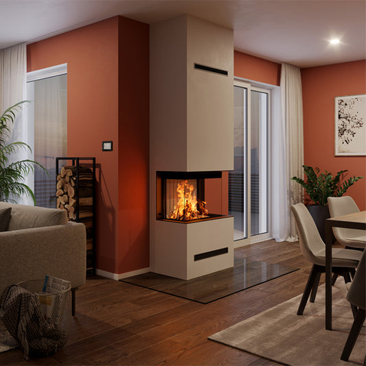 Spartherm Lean Triple 68x28x48 in moderne woonkamer met brandend haardvuur