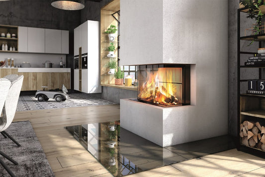 Spartherm Premium Triple 80x41x50 in moderne woonkamer met brandend haardvuur