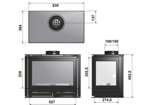 Wanders Square 60 Wall gas technische maattekening met voor- en zijaanzicht