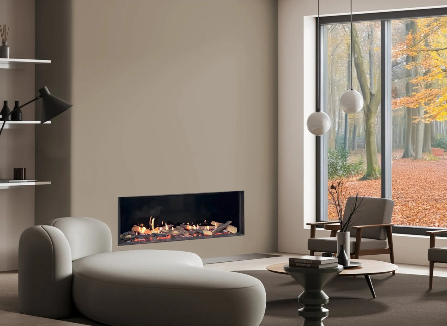 Element4 Summum 140 front Bio in een moderne woonkamer met herfstlandschap buiten.