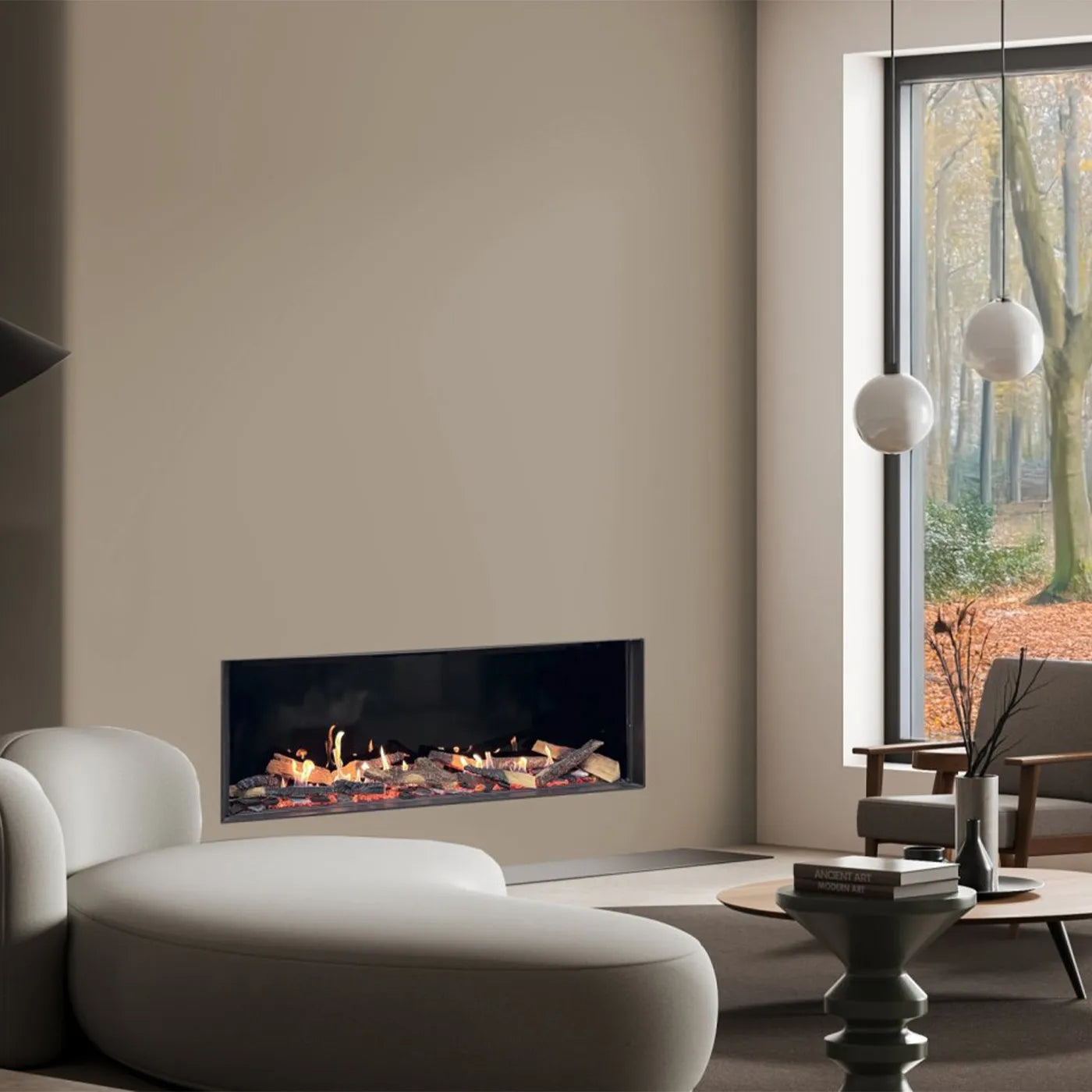 Moderne woonkamer met Element4 Summum 140 front Bio haard, grote ramen en stijlvolle meubels.