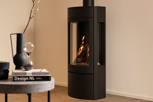 Wanders Tali XL 3-zijdig gaskachel in moderne woonkamer met vlammen