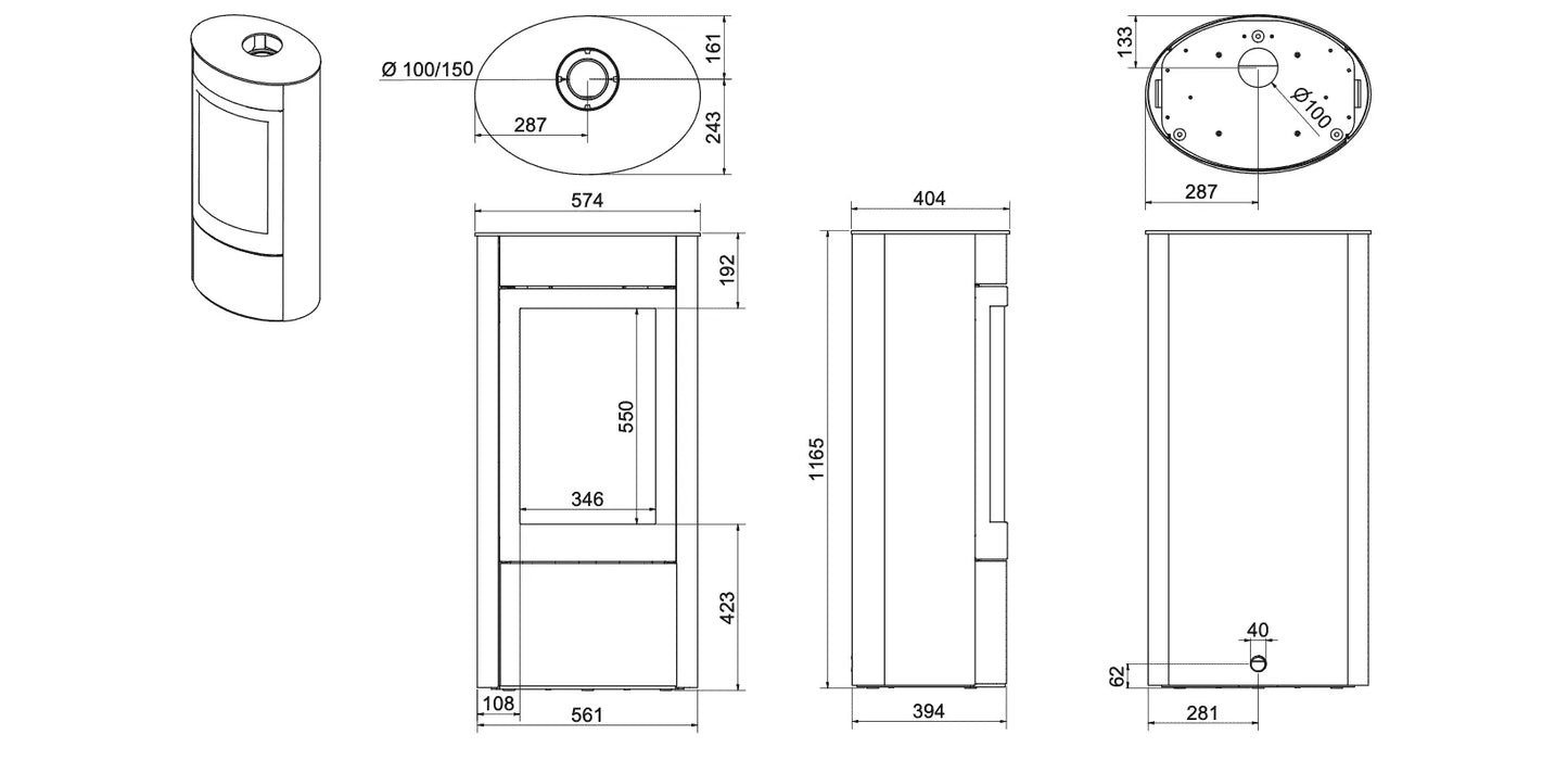 Technische tekening van de Wanders Tali XL gaskachel met afmetingen en bovenaanzicht.