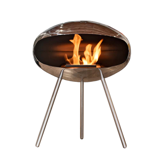 Cocoon Fires Terra RVS met open vlam op witte achtergrond