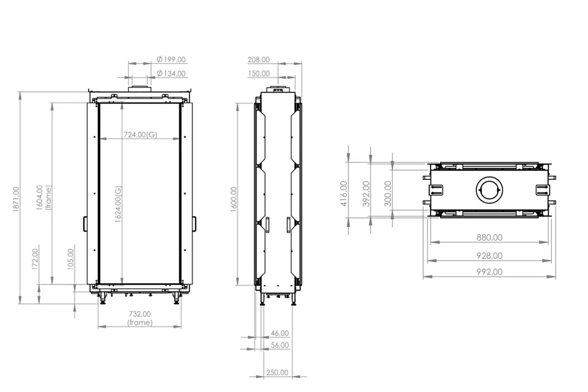 Technische tekening van Element4 Sky Large Tunnel Bio met gedetailleerde afmetingen en specificaties.