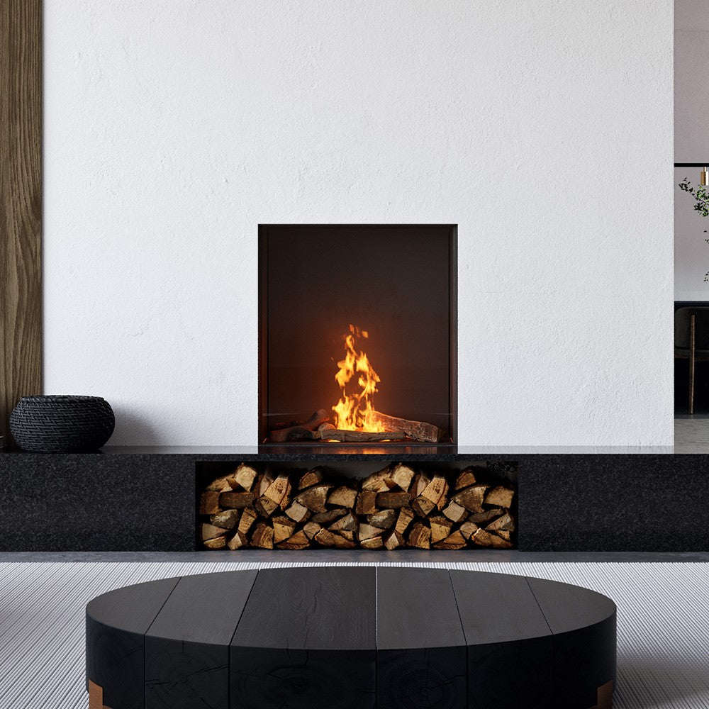 Element4 Sky Small Front Bio haard in een moderne woonkamer met houtopslag en zwarte tafel.