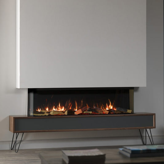 Trimline Fires 150E Solus in moderne woonkamer met brandend haardvuur