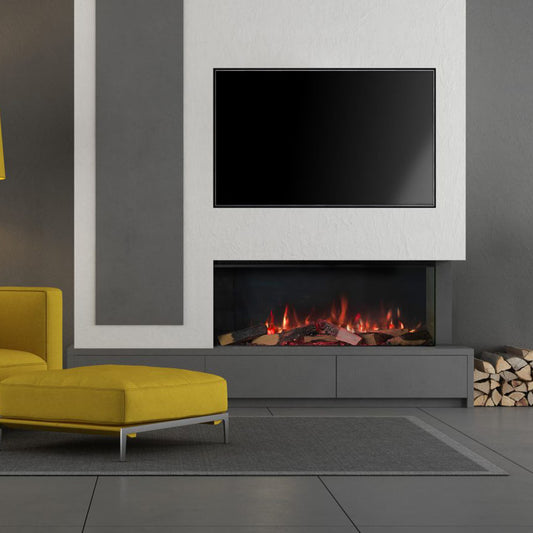 Trimline Fires 100E Solus ingebouwd in moderne woonkamer met brandend vuur