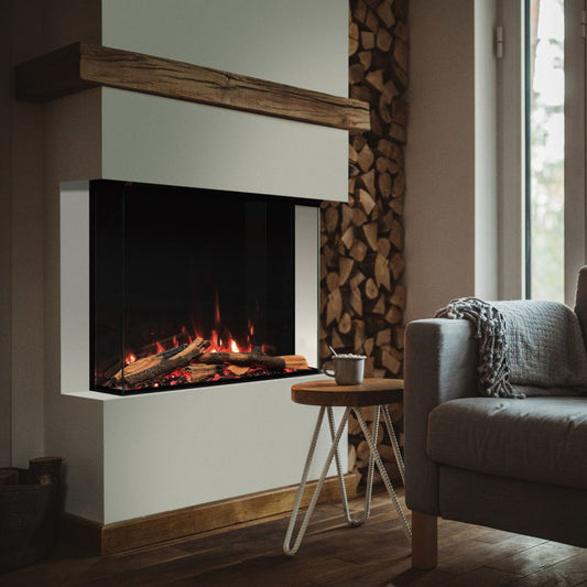 Trimline Fires 75E Solus in moderne woonkamer met ingebouwde haard en vlammen