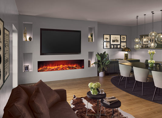 Fair Fires Tru Vizion Solution 2000 in moderne woonkamer met tv en haardvlam
