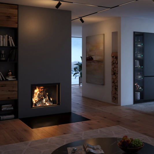 Spartherm Linear Front 74x62 in moderne woonkamer met brandend vuur