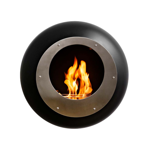Cocoon Fires Vellum zwart, ronde haard met zichtbare vlammen