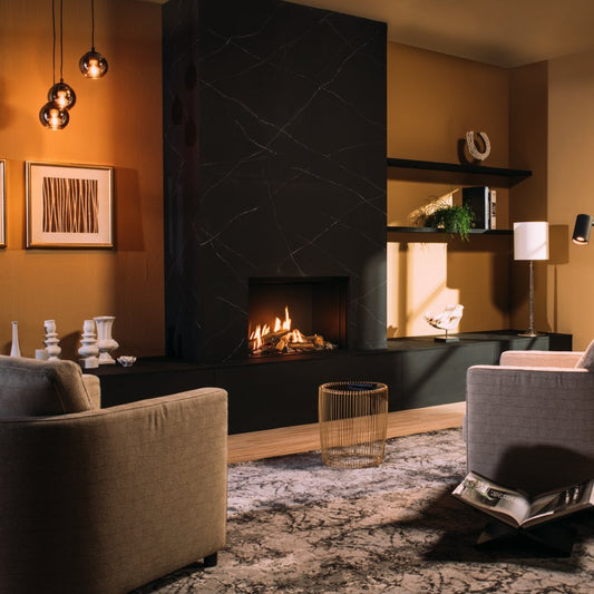 Faber Matrix Hybrid 800/500 I Front in moderne woonkamer met brandend vuur