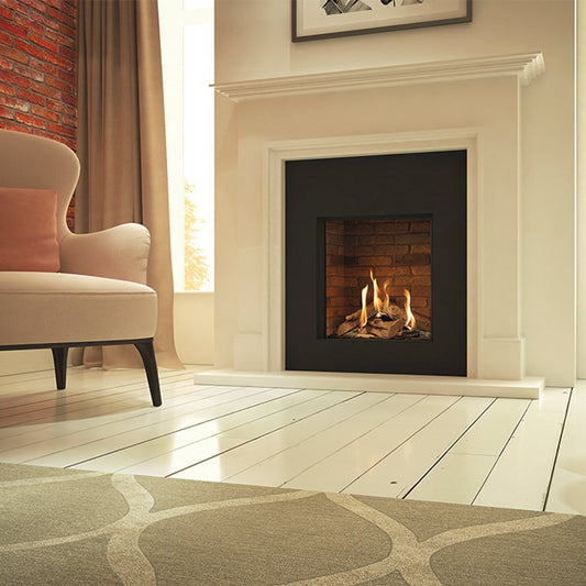 DRU Global 55XT CF open systeem in woonkamer met ingebouwde haard