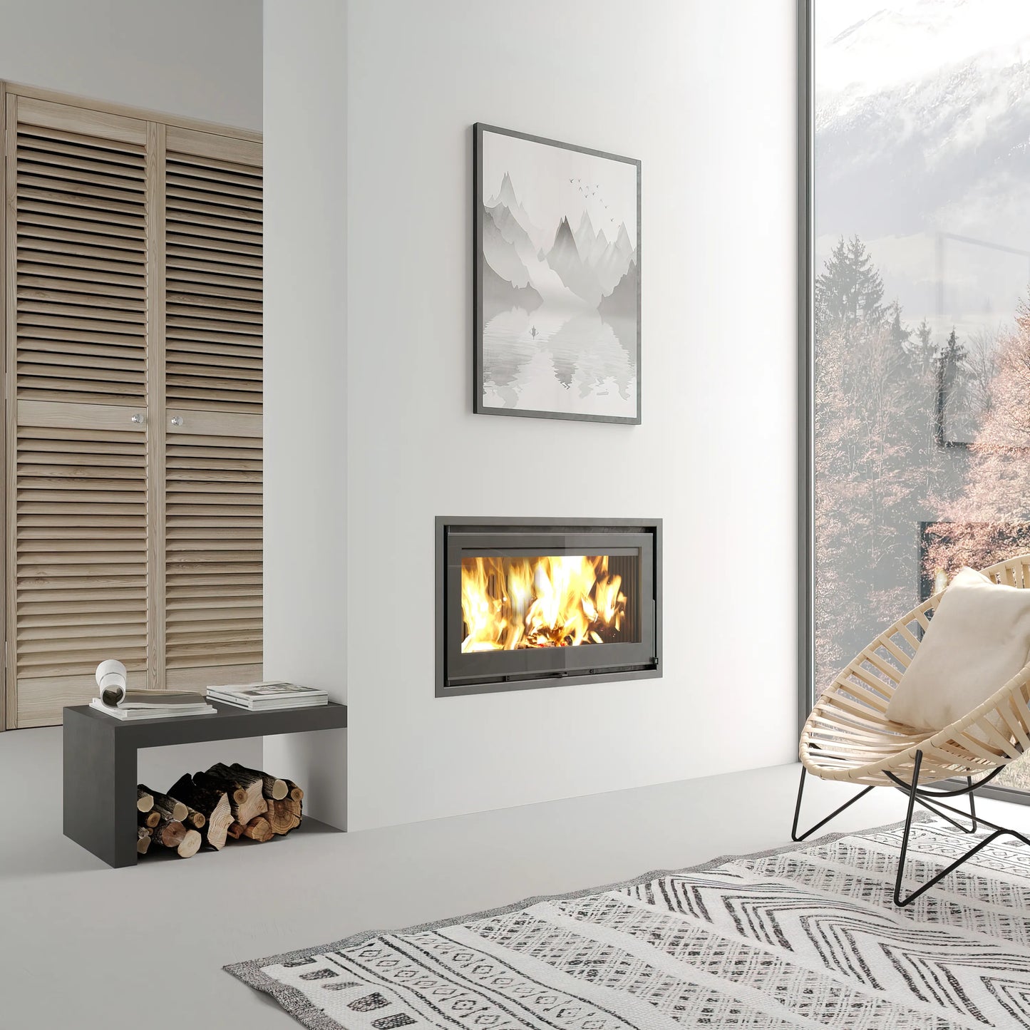 Dovre Vista 801I gietijzeren binnenwerk in moderne woonkamer met groot raam en houten stoel.