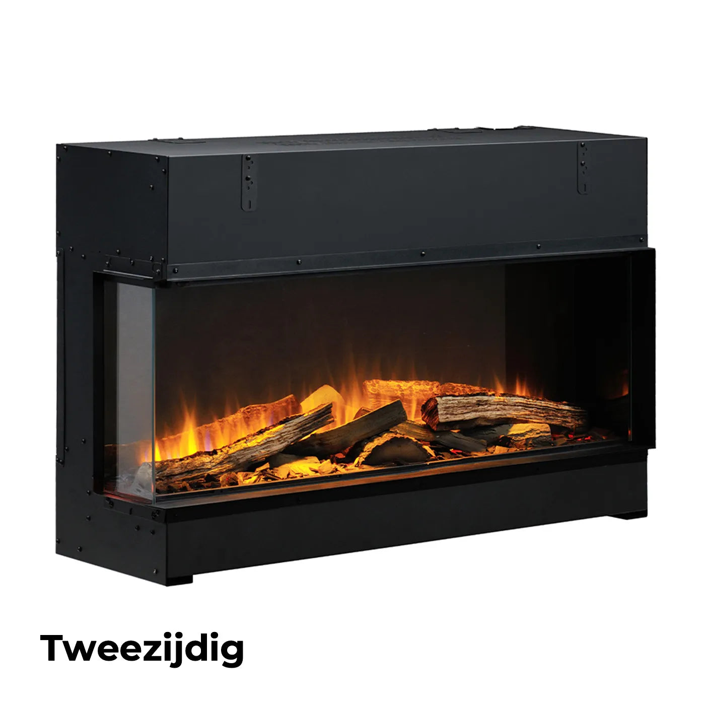 Dimplex Vivente Plus 100 elektrische haard met realistisch vlameffect en houtblokken, tweezijdig ontwerp.