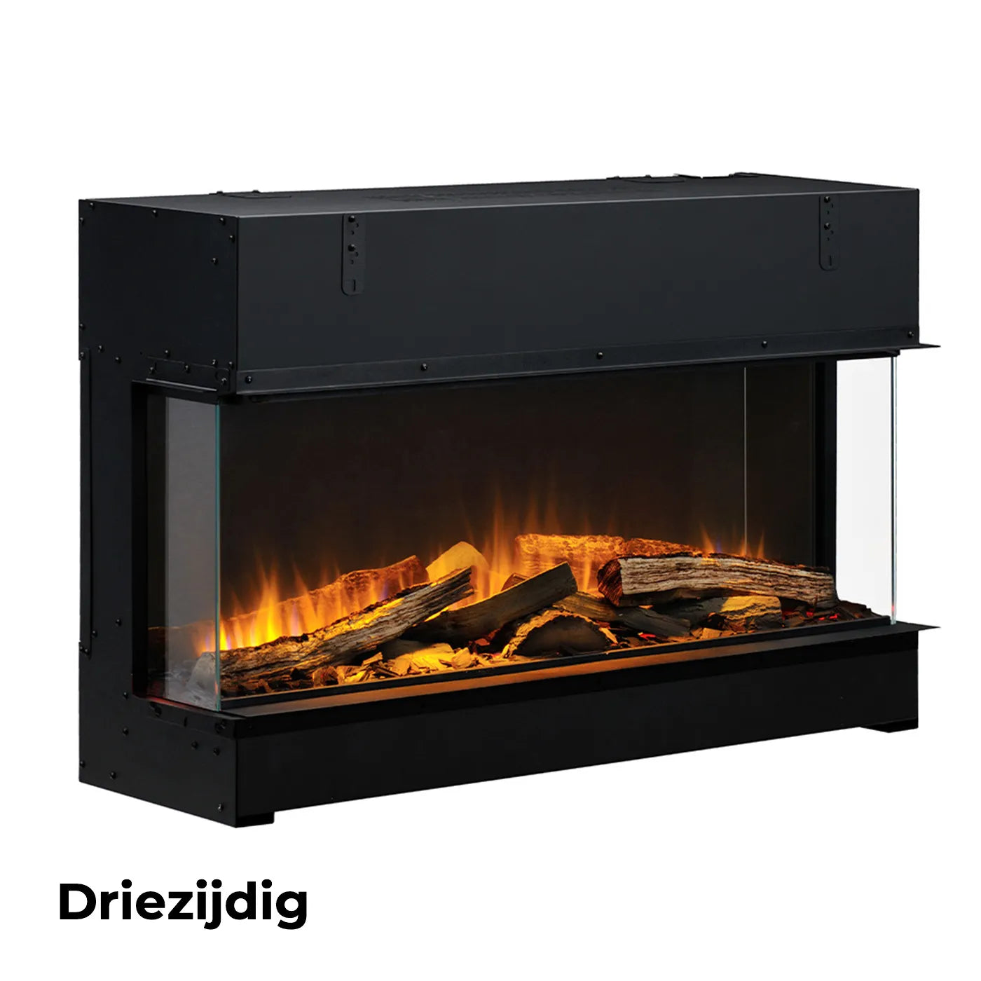 Dimplex Vivente Plus 100 elektrische haard met realistisch vlameffect en driezijdig glazen ontwerp.