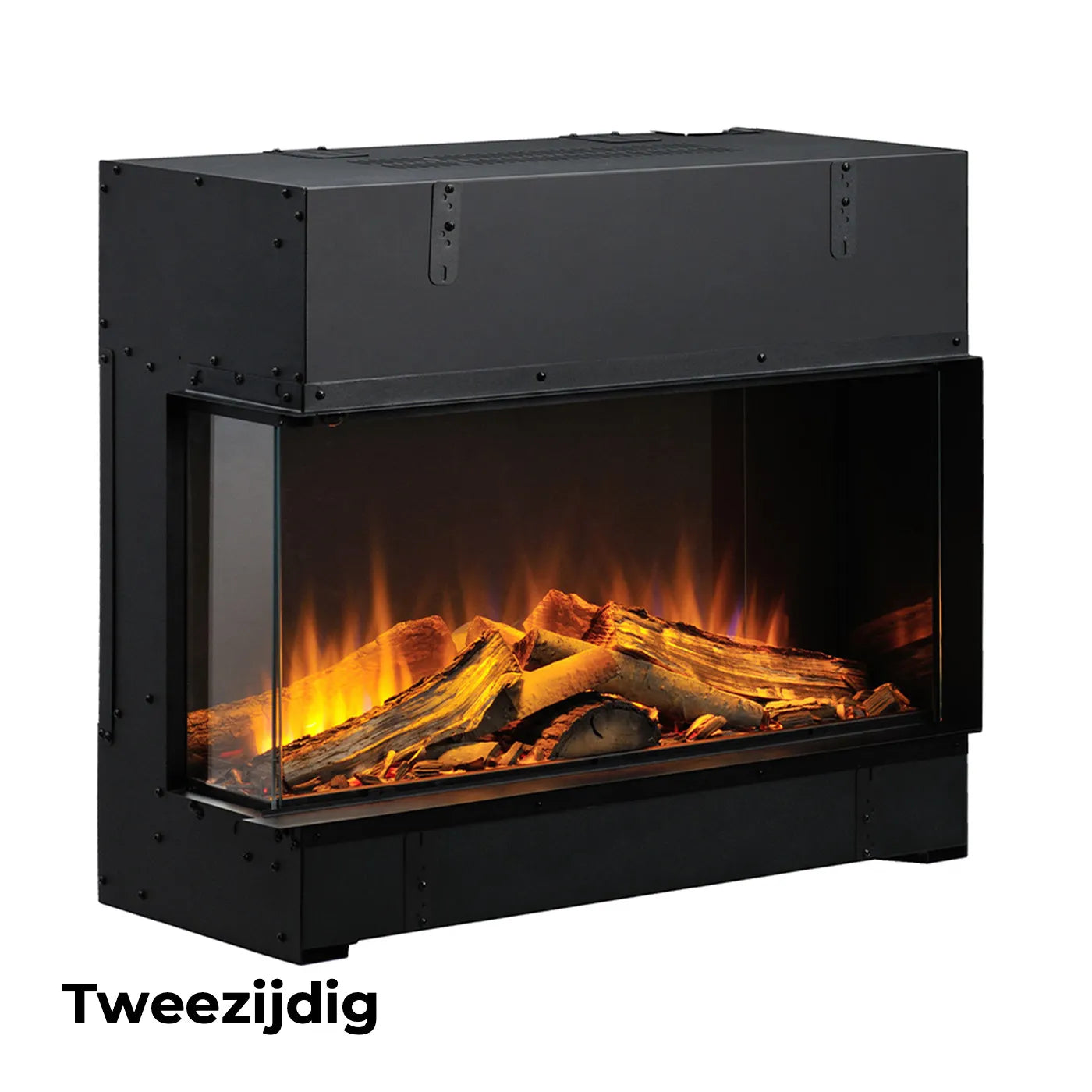 Dimplex Vivente Plus 75 elektrische haard met realistisch vlameffect en houtblokken, tweezijdig ontwerp.