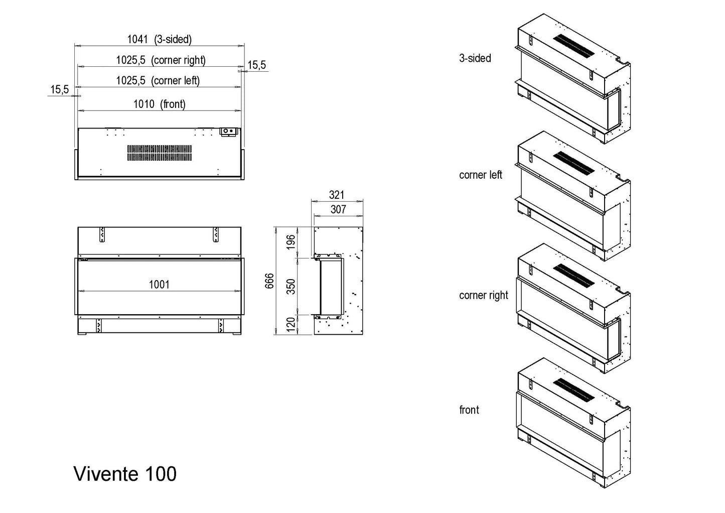 Technische tekening van Dimplex Vivente Plus 100 met afmetingen en verschillende installatieopties.