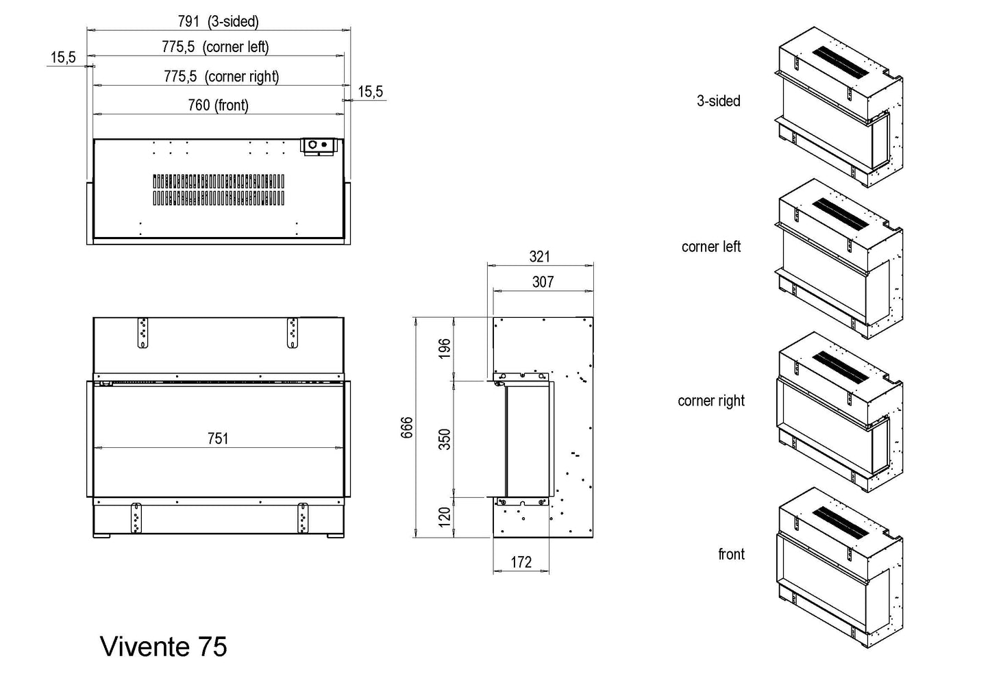 Dimplex Vivente Plus 75 technische maattekening met zij-, hoek- en vooraanzichten