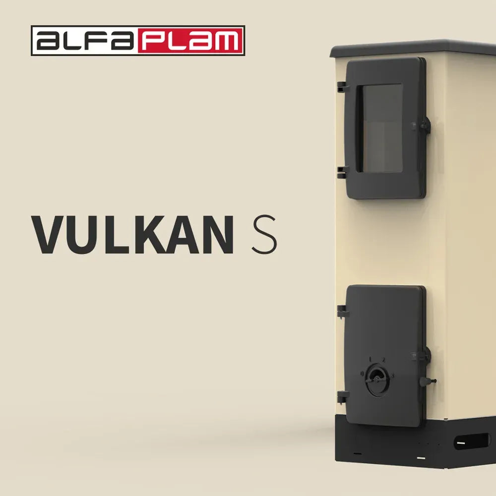 Alfa Plam Vulkan S houtkachel met twee zwarte deuren en beige behuizing.