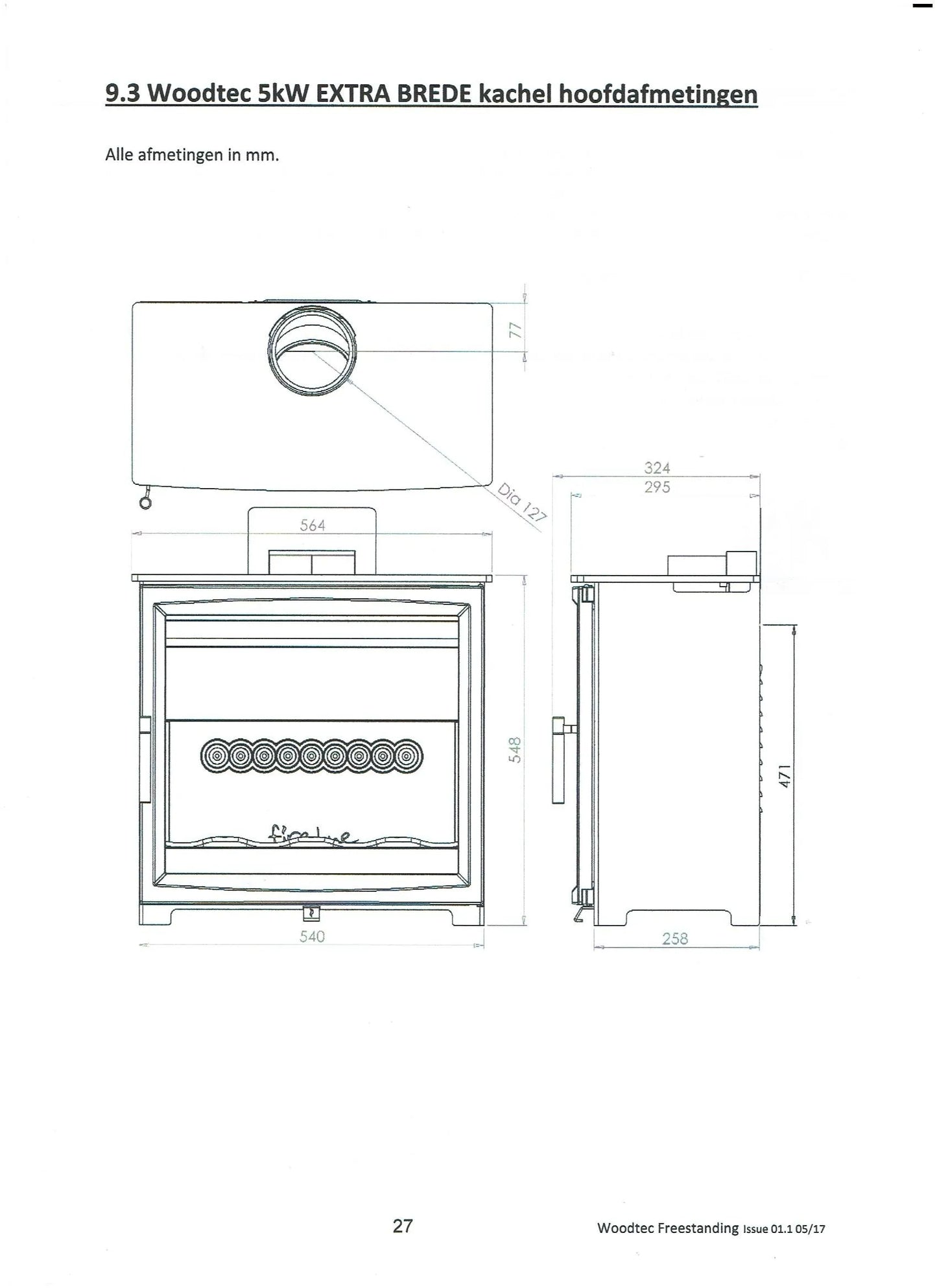 Charlton & Jenrick Fireline Woodtec 5 kW-XW extra breed 564 mm technische tekening met afmetingen.