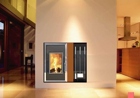 Verner 13/10.2 in witte muur, met zicht op keuken en vuur in open haard