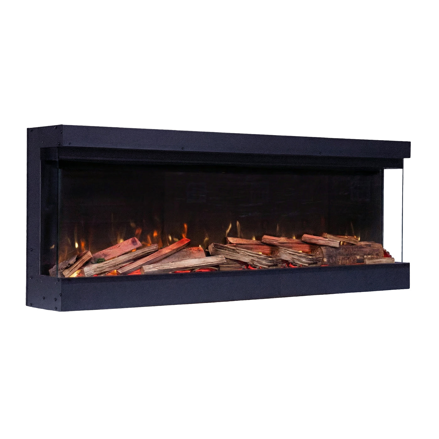Fair Fires Tru Vizion Pano S 1300 in zwarte wandhaard met houtblokken en vlammen