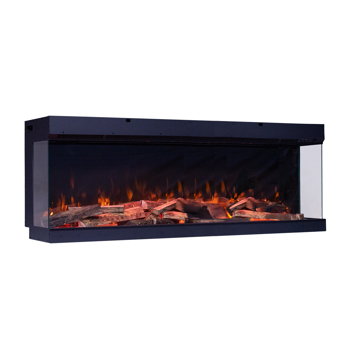 Fair Fires Tru Vizion Pano X 1500 in zwarte omlijsting met vlammen en houtblokken