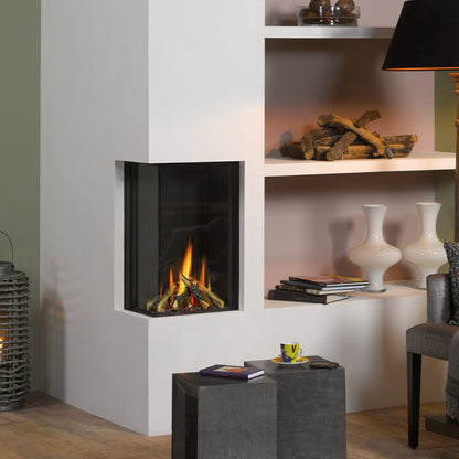 Trimline Fires 38 Corner in moderne woonkamer met brandend haardvuur
