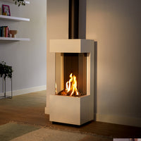 Trimline Fires White Quartz haard in moderne woonkamer met zichtbare vlammen