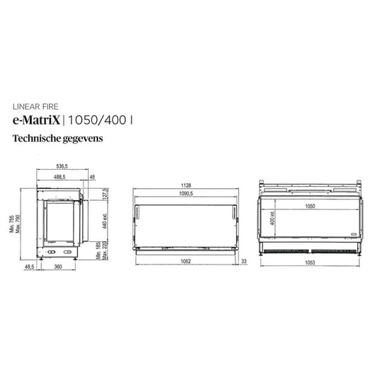 Technische tekening van Faber e-MatriX 1050/400 I Front met afmetingen en specificaties.