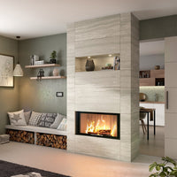 Spartherm Linear Front 87x50 ingebouwd in moderne woonkamer met brandend vuur