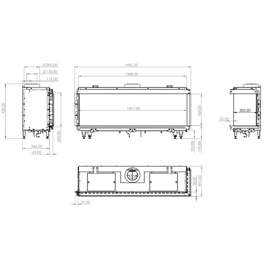 Technische tekening van de Element4 Summum 140 Corner met gedetailleerde afmetingen en specificaties.