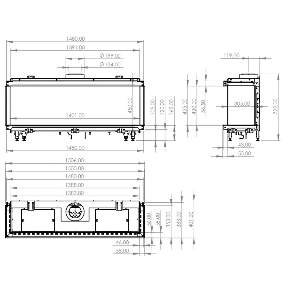 Technische tekening van de Element4 Summum 140 3-zijdig haard met gedetailleerde afmetingen.