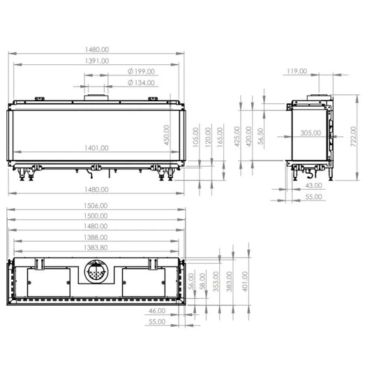 Technische tekening van de Element4 Summum 140 3-zijdig haard met gedetailleerde afmetingen.