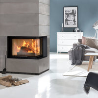 Spartherm Linear Corner 58x39x51 in moderne woonkamer met brandend vuur