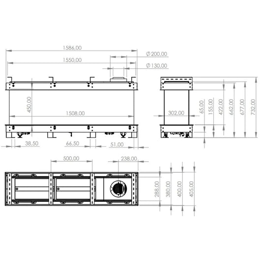 Technische tekening van Element4 Summum 140 4-zijdig met gedetailleerde afmetingen en specificaties.