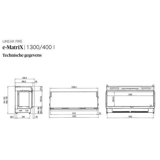 Technische tekening van Faber e-MatriX 1300/400 I Front met afmetingen en specificaties.