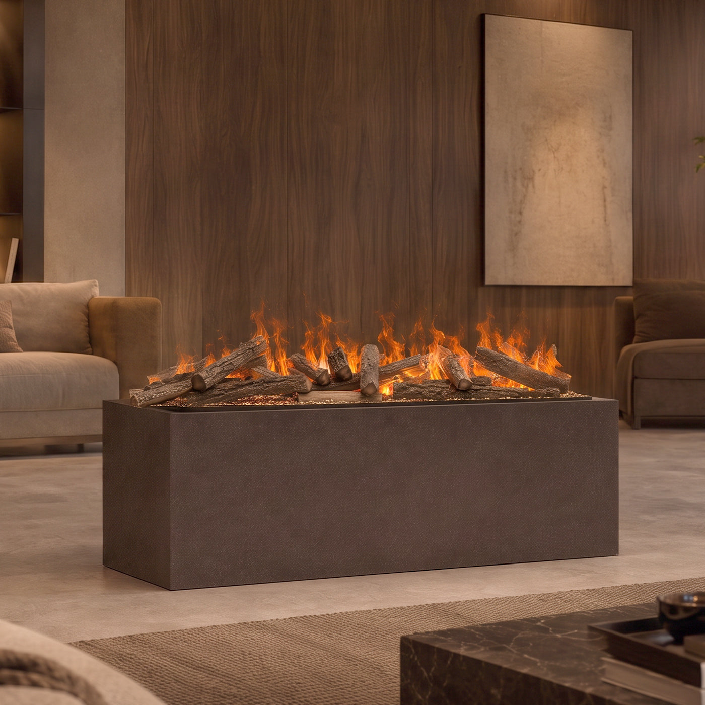 Dimplex Triton 1000 Optimyst haard met vlameffect in een modern ingerichte woonkamer
