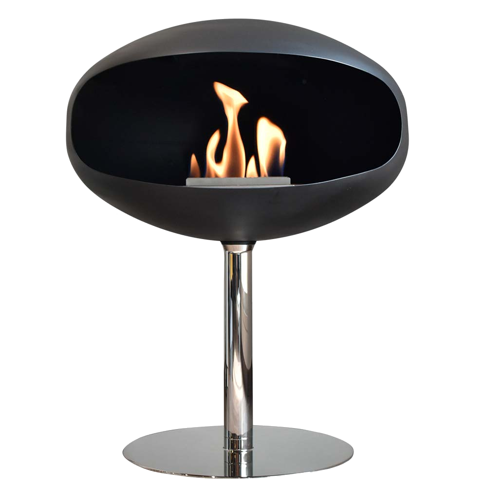 Cocoon Fires Pedestal zwart met zichtbare vlammen op chromen voet