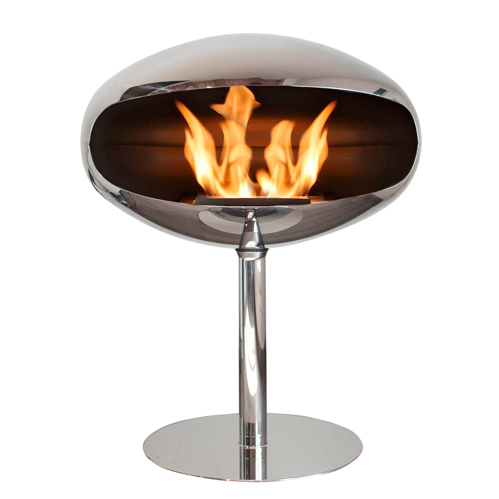 Cocoon Fires Pedestal RVS haard met vlammen op witte achtergrond