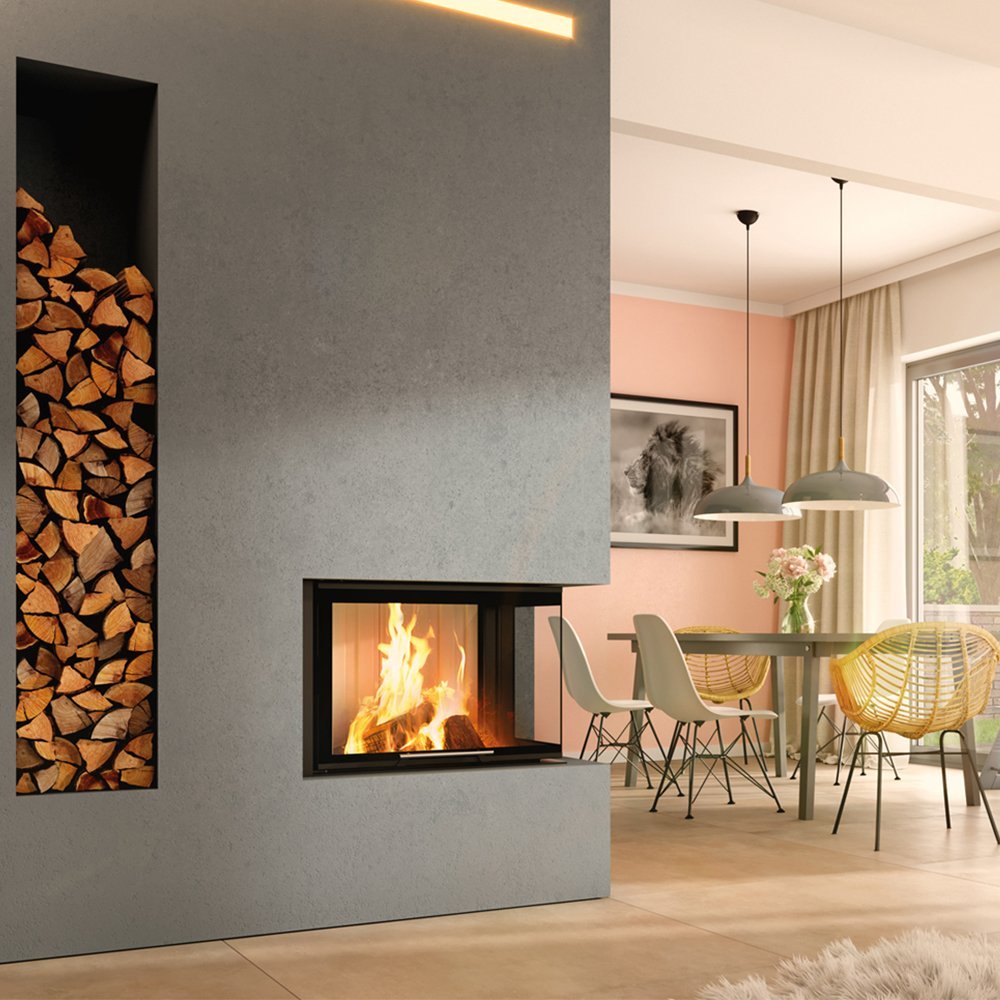 Spartherm Linear Corner 68x40x50 in moderne woonkamer met brandend haardvuur