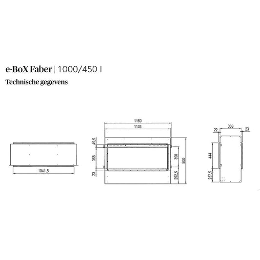 Technische tekening van Faber e-BoX 1000/450 I Front met afmetingen en specificaties.