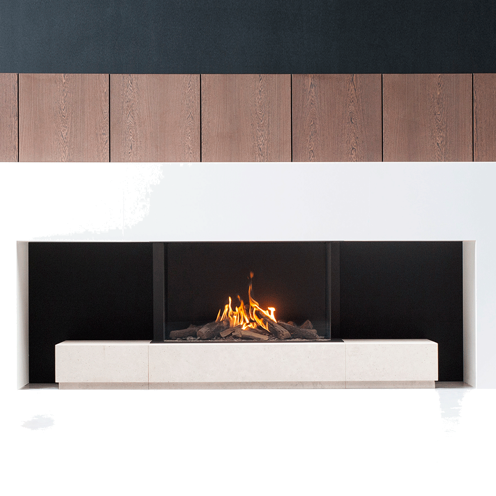 Faber Matrix 1050/650 III driezijdig haard in moderne nis met vlammen