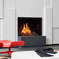 Faber Matrix 1050/650 I Front in moderne woonkamer met brandend vuur
