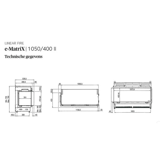 Technische tekening van de Faber e-MatriX 1050/400 II Hoek met gedetailleerde afmetingen.