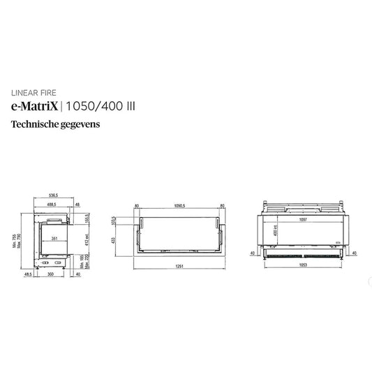 Technische tekening van Faber e-MatriX 1050/400 III Driezijdig met afmetingen en specificaties.