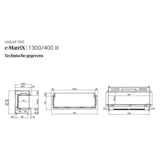 Technische tekening van Faber e-MatriX 1300/400 III Driezijdig met afmetingen en specificaties.