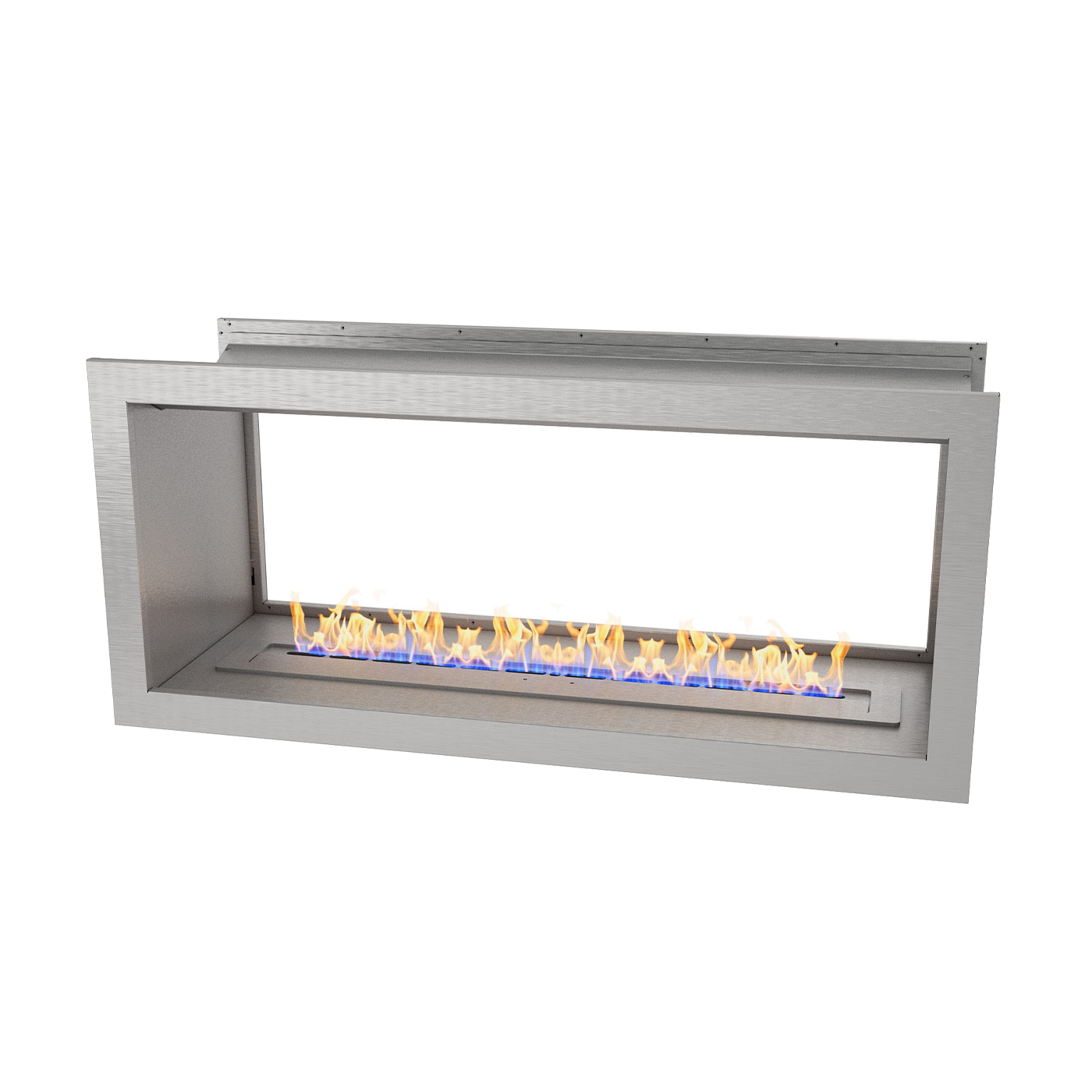 Icon Fires Double Sided Slimline Firebox 1100 met Slimline 800 Brander, roestvrijstalen haard met vlammen